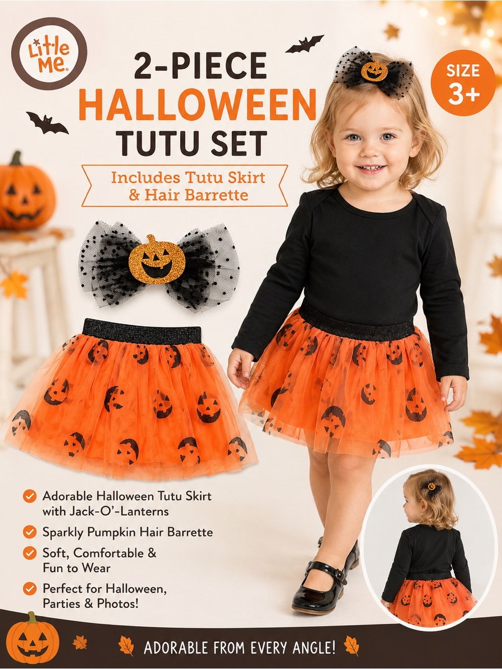 Little Me Orange & Black Halloween Pumpkin Tutu Outfit with Sparkle Hair Bow